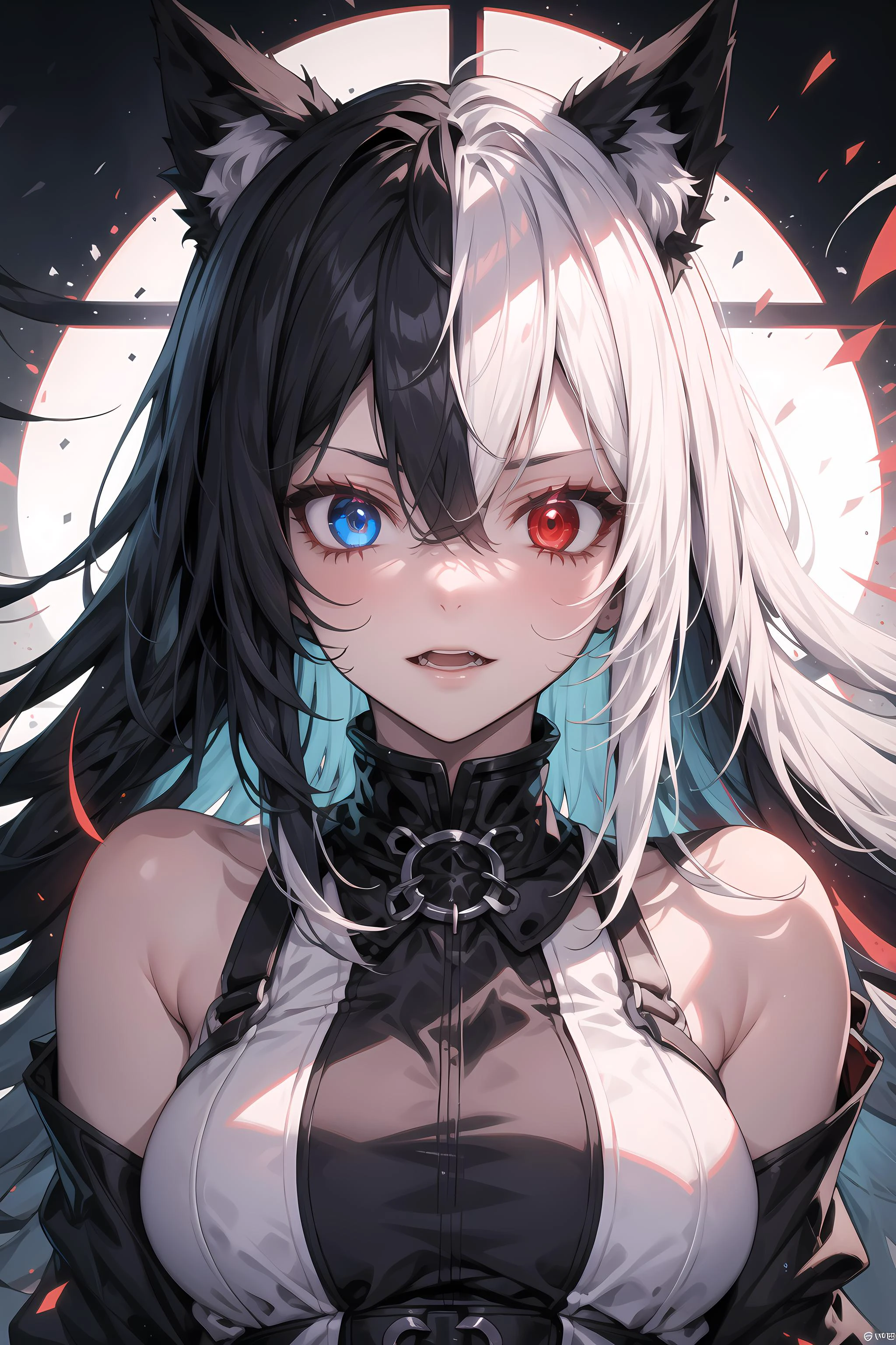 1girl, long hair, cat ears, psychotic, glowing eyes, <lora:PSYCHOPHONKY:0.3> BREAK
black hair, blue eye BREAK
white hair, red eyes