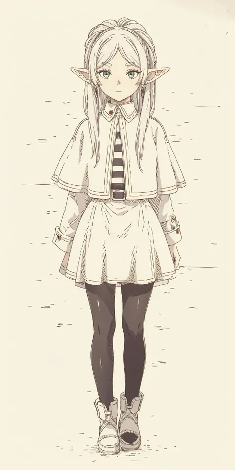 <lora:èèè®1Ve:1>, Frieren, elf, 1girl, white hair, earrings, pointy ears, long hair, white hair, thick eyebrows, collared capelet, striped shirt, white skirt, pantyhose, <lora:Minute_Sketch_v2:1>, drawing, sketch