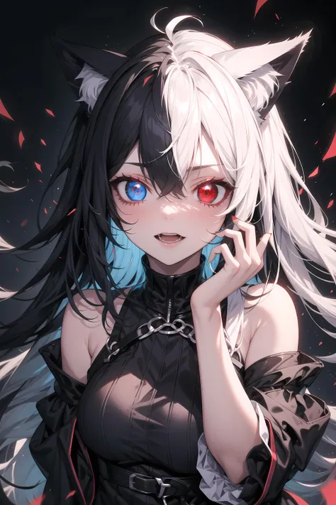 1girl, long hair, cat ears, psychotic, glowing eyes, <lora:PSYCHOPHONKY:0.3> BREAK
black hair, blue eye BREAK
white hair, red eyes