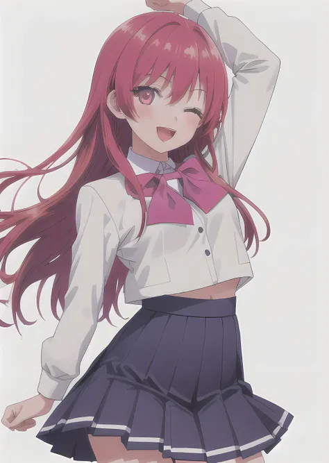 ((best quality)),((highly detailed)),masterpiece,absurdres,detailed face,beautiful face,(detailed eyes, deep eyes),1girl,((dynamic pose)) , <lora:Saki1.4:0.7> , saki, one eye closed, solo, skirt, smile, long hair, open mouth, school uniform, simple background, blue skirt, arm up, bow, ;d, pleated skirt, red hair, pink hair, pink eyes, looking at viewer, red eyes, long sleeves, bowtie