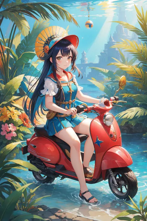 1girl, studio, intricate details, Studio shot of a Cute [Satin|Unappealing] DayGlo blue traditional Fijian ([Satellite dish|Scooter]:1.3) , it is forged by Prada, it is in a Victorian setting, summer background, spring jungle and Dwarf Planet Eris in background, Raining, equirectangular 360, Masterpiece, Light and Bright, Serial Art, waning light, Fish-eye Lens, Warm Colors, under water, Temari, in the style of Christ Pantocrator, 8K, ultra high res