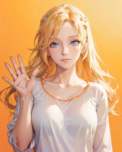 (masterpiece, best quality), perfect face, perfect (blue eyes) with white sclera, blonde hair, mercy, (casual clothes, orange sleepwear:1.3), yellow background, Wood pattern, Waving, long curly hair, (mature female), solo, 1girl, closed mouth, edgQuality <lora:mercy2:0.75>