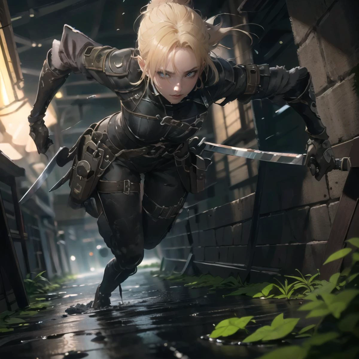 masterpiece, high resolution, detailed, masterpiece, (beautiful background, detailed background), top quality, 8k, (detailed and structured pattern), in the dark, in the style of synthetism-inspired, hallyu,dynamic angle ,
,1 girl,bright blonde hair,ponytail cut, blue eyes,woman,<lora:HXarmour_062:1>, hxarmour,(__color__ armour:1.3),slender thighs, slender legs,skinny,hips, legs,lips,(realistic:0.8),<lora:tareme_gen2:-0.7>,<lora:0a0a-gka26:-0.5> ,<lora:flat2:0.5>,
focus on character, solo,, solo, detailed face,sexy, cute,holding, katana, katana,holding hilt of japanese sword ,(Shadowy Alley in edo era, Enclosed passage overshadowed by looming rooftops, strands of ivy creeping down the walls, puddles reflecting the moon's pale light, the distant clang of metal from a nearby blacksmith, and the faint aroma of cooking wafting from a hidden kitchen),
(motion lines, motion blur, dynamic angle, wind lift:1.3),running, line effect,