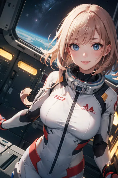 (best quality), (masterpiece), photograph, perspective, 1lovely girl, beautiful face, detailed blue eyes, blash, greet, shy, smile, perfect body, dynamic angle, close-up, dynamic pose, (erotic spacesuit:1), (spcaecraft:1.2), indoor, girl in spacecraft, female engineer, high technology, (VR:0.8), modern, advanced technology, dim light, in the dark, bokeh, flare, dirty