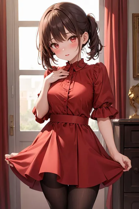 (masterpiece, best quality), 1girl, red dress, pantyhose, cute face, blush,