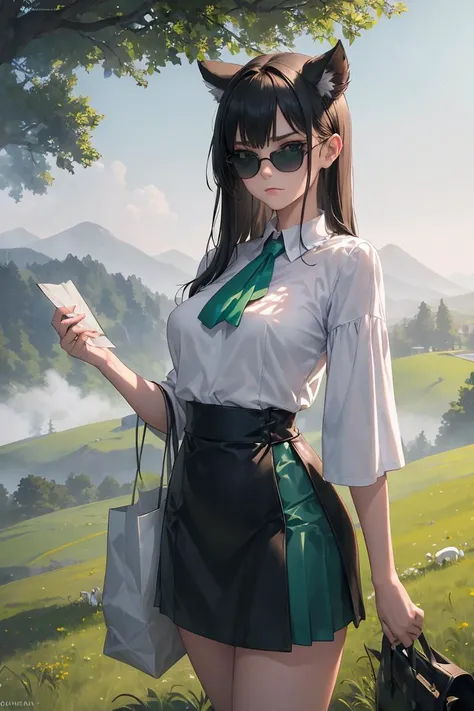 (masterpiece, best quality), female young adult, sleek, indigenous peoples of the america, emerald eyes, split ears, long nose, square chin with cleft, square jaw, sculpted calves, , blue long and straight hair, annoyance wearing paperbag waist skirt, wrap-front blouse, , looking over sunglasses, gazing over sunglasses with a sultry expression, adding a touch of mystery and allure, misty lighting, soft, misty light adding an air of mystery and enchantment to the scene, a picturesque countryside, with rolling hills, green meadows, and grazing animals