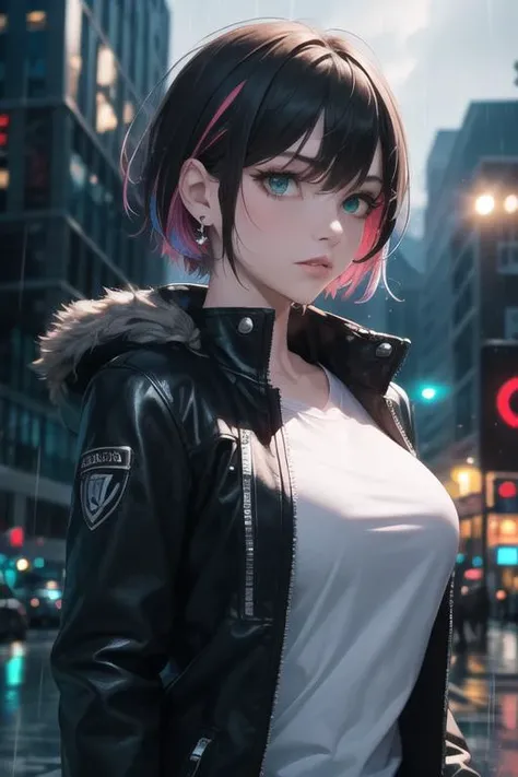 1girl, solo focus, tall female, short hair, multicolored hair, green eyes, jewel like eyes, medium breasts, black coat, white shirt, accessories, city background, futuristic city, night, rain, moody