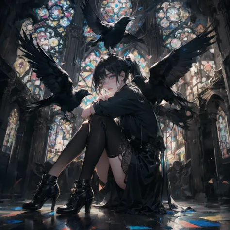masterpiece,best quality,ultra-detailed,hallyu, in the dark, in the style of synthetism-inspired, hallyu, raw and edgy, made of mist, oshare kei, 1girl,solo,crow,<lora:mdya:0.7>,full body,,report leg,dark style,black theme,black hair,black clothes,sitting, girl peeking out of the stained glass,Bright multicolored sparkling stained glass,ponytail, blue eyes,ruins, church, sunbeam,candle light, natural gradation,cathedral stained glass, backlit,(lips,realistice), <lora:tareme_gen2:-0.7>, <lora:0a0a-gka26:-0.5>,(stink eye:0.5), <lora:faceage:-0.5>