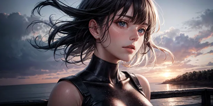 8K分辨率,Refined features,Perfect face,Glowing skin,High Details,latex_high leotard,Milky mucus body,Wrap the whole body,Transparent liquid texture,Upright_straddle,sunraise,Eau,,beachside