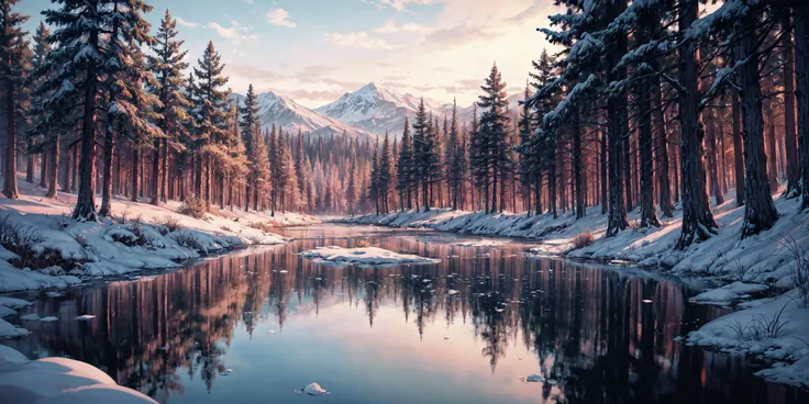 dense woods, landscape of a Majestic Wetland, Maroon fauna, Snowy, Motion blur, cinematic, art by studio ghibli, colorful, vivid colors, best quality, absurdres, highest quality, amazing details, 8k  <lora:add_detail:1>