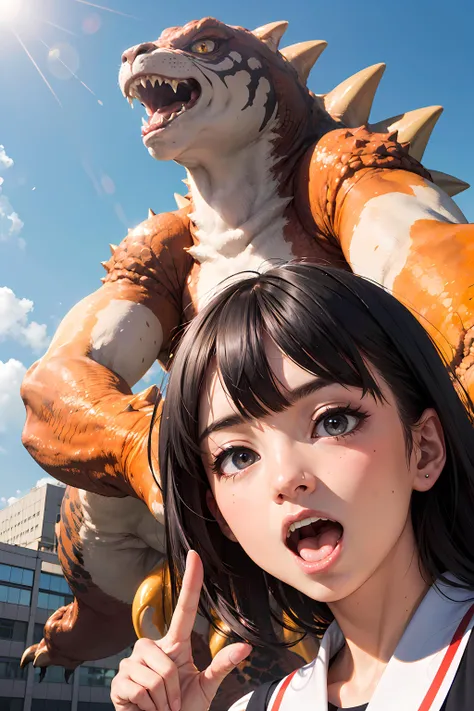 (top quality,8k wallpaper),(masterpiece,best quality:1.2),(high_resolution:1.2),(ultra details:1.2),extreme quality,sharp focus,(bright colors:1.3),
((cute japanese school girls taking face selfie instagram photo,(seifuku))),
(expression of surprise face:1.8),smile,scream,(black hair:1.5),(bangs:1.5),black eyes,(shining eyes,highly detailed eyes),long eyelashes,thin eyebrows,
(((point finger to blue sky background),big cat kaijuu destroy to the city)),
standing on roof of the building,
(((instagram logo,instagram id))),SNS,from below, from behind,face zoom up,