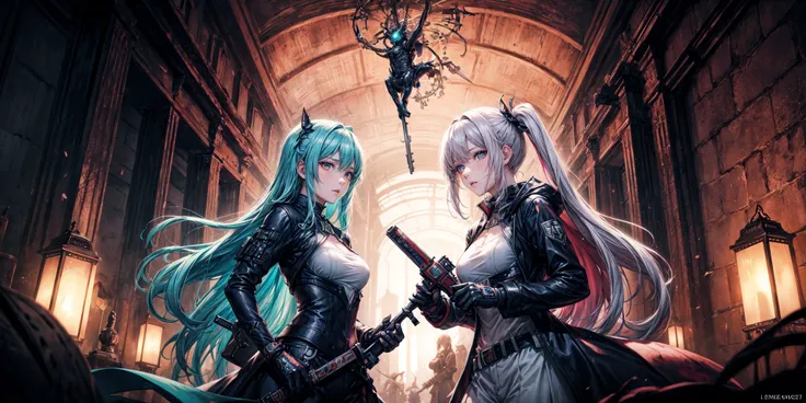 multiple girls, (art by Leanne Surfleet:1.1) , anime key visual, Cluttered [Aesthetically Pleasing:Sophisticated:11] Female Weaponsmith of Memory, Raging dungeon, Grim, Selective focus, colorful, vivid colors, best quality, absurdres, highest quality, amazing details, 8k  <lora:add_detail:1> <lora:envybetterhandsLocon_beta2:1.5>