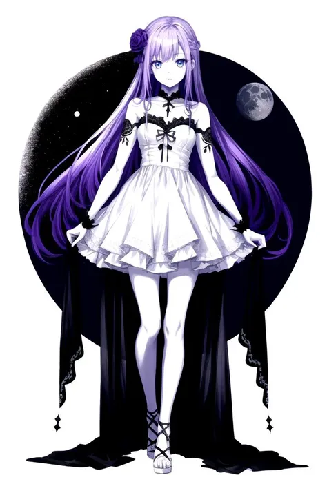 1girl, purple hair, blue eyes, white dress, long hair, straight hair, full body, partially colored, monochrome, masterpiece, white skin, pale skin, <lora:add_detail:0.5>, [moon], [white background], ink