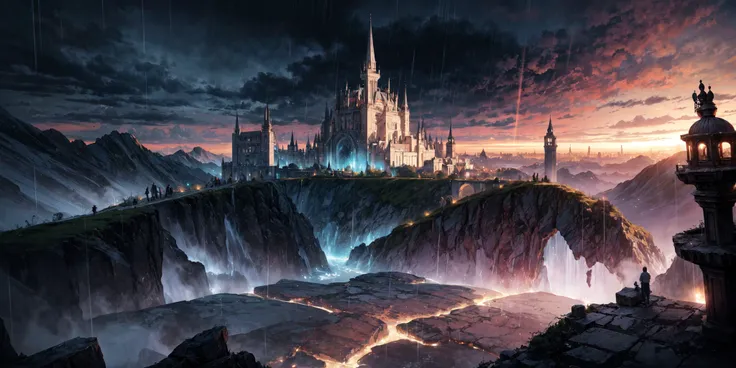 (art by Hikari Shimoda:0.8) , elegant, landscape of a Adroit The Lost City of Zerzura from inside of The Sword of Excalibur, Golden ratio, Raining, Pixiecore, moody lighting, Elegant, fluorescent blue explosions, colorful, vivid colors, best quality, absurdres, highest quality, amazing details, 8k  <lora:add_detail:1>