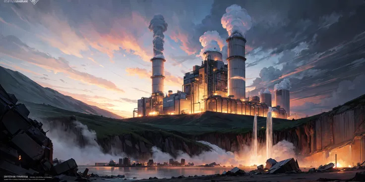 landscape of a Hairy Geyser and Fierce Fossil fuel power station, at Dusk, Overdetailed art, side lit, Technicolor, artstation, art by Atey Ghailan,art by theCHAMBA, colorful, vivid colors, best quality, absurdres, highest quality, amazing details, 8k  <lora:add_detail:1>