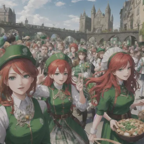 breathtaking celtic, ireland, holiday, celebration, happy crowd, st patrick's day, happiness, red hair, (((celebration))), leprechauns, bar, small crowd, castle, detailed crowd, normal faces, masterpiece, award-winning, professional, highly detailed