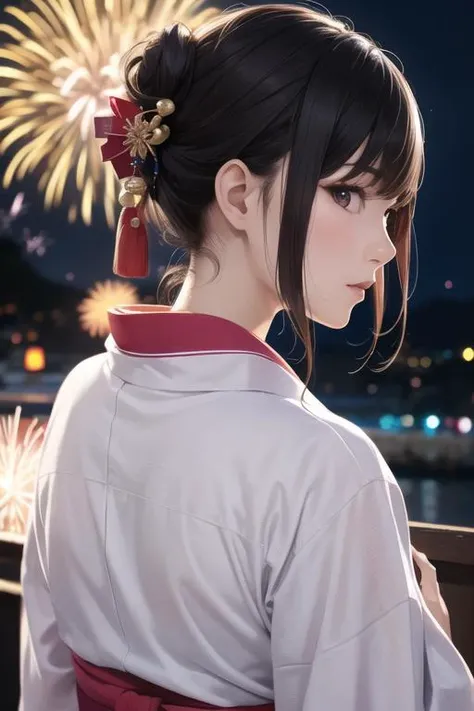 portrait of a girl,japanese idol,(yukata),half updo,realistic skin,beautiful face,looking at viewer, professional lighting,fireworks,from behind,