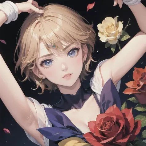 (masterpiece), sailor uranus, blonde hair, blue eyes, (parted bangs:1.5), short hair, very short hair, holding rose <lora:sailoruranus-lora-nochekaiser:1>