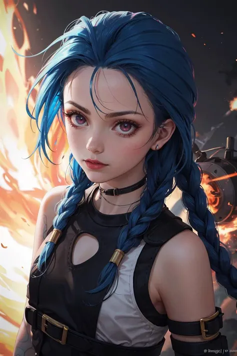 1girl, tattoo, navel, solo, tank top, bow, realistic, breasts, blue hair, bandaid, collarbone, looking at viewer, standing, nose, ribbon, body writing, photo \(medium\), braid, medium breasts --auto --s2