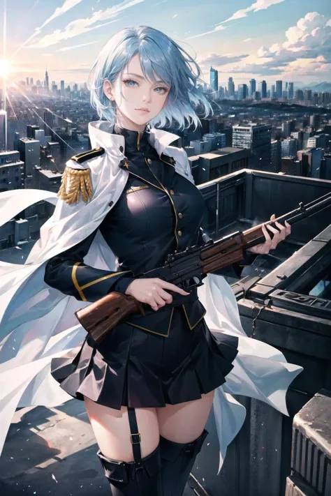 masterpiece,high resolution,detailed,masterpiece,(beautiful Background,detailed background), best quality,8k,1lady is mature woman,40yo ,(skinny:1.2),light blue hair,short hair.grey eyes, looking up, solo, black military uniform,_white cape, SS-Dienstrock Schwarz, dynamic pose, battle scene in background, sunshine, ,lips,realistic, <lora:tareme_v10_dylora:-0.7>,(stink eye:0.5)ã <lora:eye_opening_v2.0:0.5>, <lora:bigeye:-0.5>,cowboy shot, urban warfare,alley,machine guns, explosions, thigh_boots,Tight Skirt,the top of the hill,(Overlooking the cityscape:1.5)