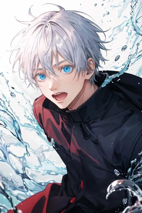 <lora:satorugojo:1>,satoru gojo,white hair,short hair,hair between eyes,blue eyes,colored eyelashses,open open mouth,