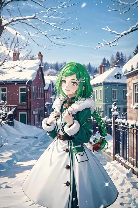 <lora:sbertyan-15 (2):0.5>,sbertyan,1girl,solo,green hair,green eyes,smile,long hair,braid,hair ornament,blush,dress,jewelry,fur coat,snowing,park,<lora:GoodHands-beta2:1>,nice hands,perfect hand,