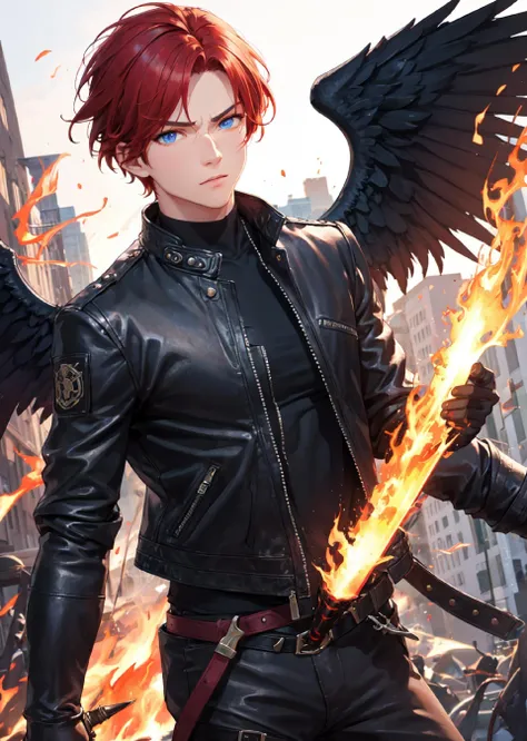 best quality, masterpiece, modern day , walking, city street,1 boy, badass, demon hunter, handsome, masculine. red hair, blue eyes. leather jacket, holding a flaming sword, burning angel wings, upperbody, cowboy shot