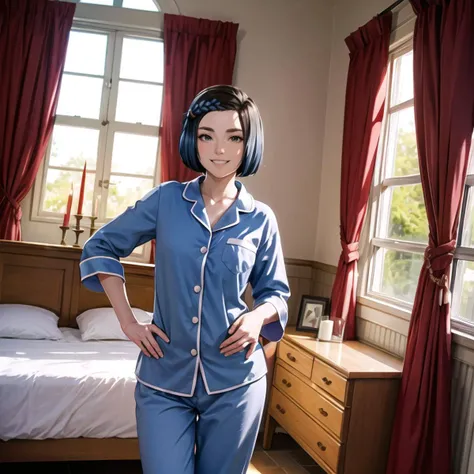 (happy, smile), smug, skyeparkin, 1girl, on own hips, standing, blue pajamas, indoors, candle, room, bedroom, window, curtains, <lora:skyeparkin:0.62>
