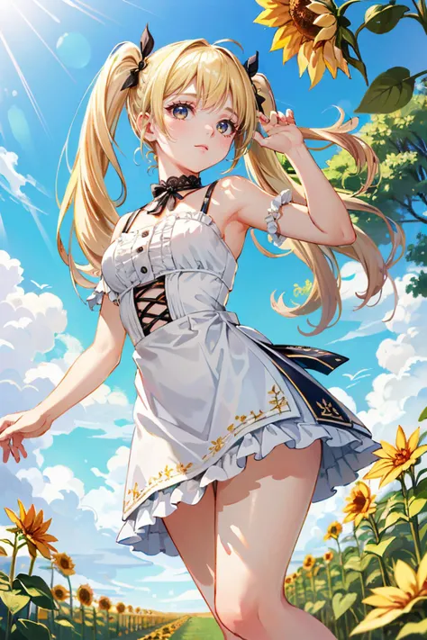 ((ultra detailed, masterpiece, absurdres))
<lora:LANia:0.8>
LANia, 1girl, blonde hair, twin tails, long hair, looking at viewer, standing in a sunflower field, looking up, sunlight
