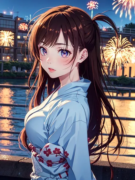 masterpiece, best quality, 4k, 8k, (1girl, ************, blue yukata, looks fireworks in river side, night, (solo:1.4), long hair, one side up, jewel-like eyes, extremely detailed eyes, medium breasts, <lora:Mizuhara Chizuru_V1:0.8>, long hair, one side up, jewel-like eyes, extremely detailed eyes