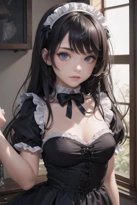 1girl,beautiful face, messy hair cute,gothic maid
