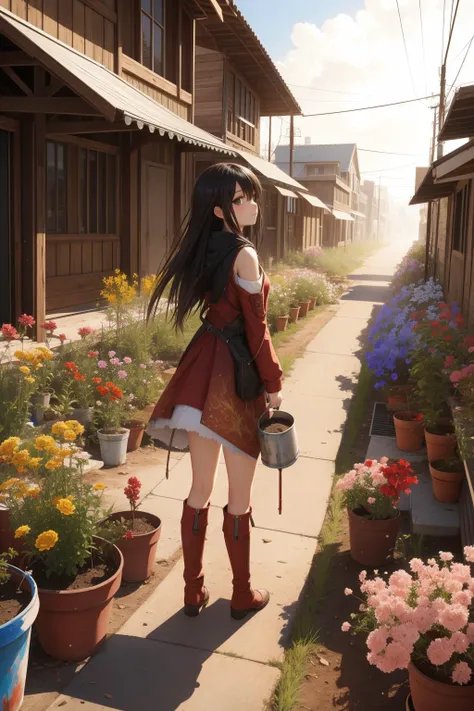 1girl, 8k Redshift render, Sad, long shot of a Abominable [Alhambresque|Charred] ([Gecko:Seedling:3]:1.3) , city street and Ironwood background, desolate field with Pots with flowers, at Midday, Sharp and in focus, Fine art, Fearful, Dragonpunk, Warm lighting, Selective focus, Cold Colors, Paint splotches, icon style, Highres, High quality