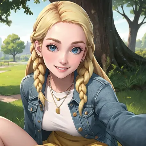 (detailed background:1.2), (perfect face, detailed face), looking at viewer, (mature female:1.2), smile, (pennyhaywood, 1girl, solo), denim jacket, buttons, white shirt, necklace, casual, yellow skirt, print skirt, thighs, park, day, outdoors, tree, <lora:PennyHaywood_v2:0.74>