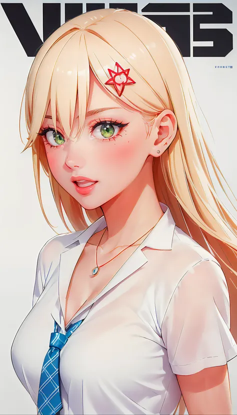 white background, simple background ADDCOMM
(masterpiece, realistic:1.3), (extremely intricate:1.2), (photorealistic:1.4), (extremely delicate), (ultra realistic:1.3), hyperrealistic photography, extremely detailed, edge quality, 8k resolution, UHD, HDR, RAW photo, dslr, realistic LUT, cinematic LUT, (best quality:1.3), absurdres, <lora:magof_addMoreDetailsExtra_v20:0.7>, <lora:jujoHotaru_hyperrefiner_v090:1>, <lora:envy_betterhands_beta2:1.2>, ADDBASE,
extremely detailed magazine cover-style digital painting, (magazine cover-style:1.3), adding a touch of fantasy to the scene, the text on the cover should be bold and attention-grabbing, with the title of the magazine and a catchy headline, the overall style should be modern and trendy, with a focus on fashion and fantasy, helvetica-bold ADDROW
(pale skin, detailed skin:1.3, glossy skin + shiny skin:1.1, bright front face lighting), exquisite stud earrings, necklace, lace choker, gigantic breasts, perfect hands, perfect fingers, skinny body, fit body, slim, standing at attention, focus on face, straight on camera, official art, mugshot, close-up portrait, female pov, <lora:kisaku_25DimensionalSeduction_ariaKisaki_v10:0.7>, Aria_Kisaki_25dim, green eyes, blonde hair, bangs, long hair, makeup, red lipstick, star hair ornament, earrings, necklace, jewelry, gem, collarbone, cleavage, white shirt, short sleeves, blue necktie, plaid skirt,