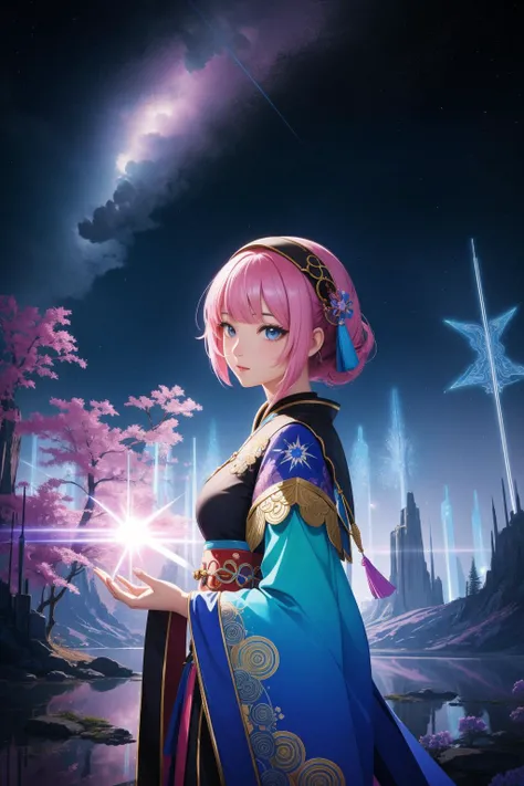1girl, magnificent rendered in autodesk 3ds max, studio Digital art, 8k Spray paint style of a surreal, Accomplished Worried traditional Qing Dynasty ([Dark matter|Meteor] of Resonance:1.3) , it is in a Oriental setting, it is inspired by Hanae Mori, cute, background is Offensive Chichen Itza, electric pink forest with Willow, Thunderstorm, split diopter, Detailed illustration, Wonder, Abstract Illusionism, cinematic lighting, 800mm lens, CMYK Colors, bold lettering, Neutral and White dust particles, pixiv, absurdres, (fantasy art by Eyvind Earle:0.7) , (Max Rive:0.8) , (Louis Icart:0.9)