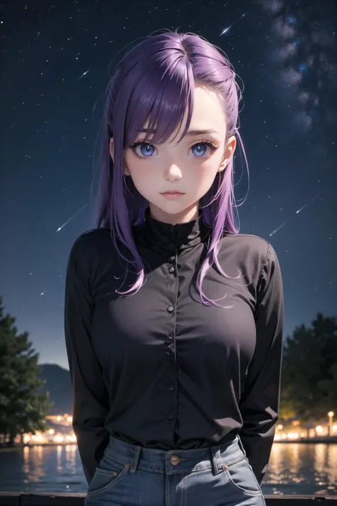 beautiful eyes,1girl,slicked back, blue blouse,violet hair,moist eyes,(arms behind back),close-up upper body, grey tight pants,looking at viewer, starry sky,outdoor, night, lake,depth of field,