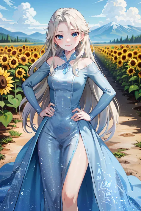 ((ultra detailed, masterpiece, absurdres))
<lora:DisneyElsa:0.8>
DisneyElsa, 1girl, long hair, blonde hair, looking at viewer, surrounded by sunflowers in a bright field, smiling, with hands on hips