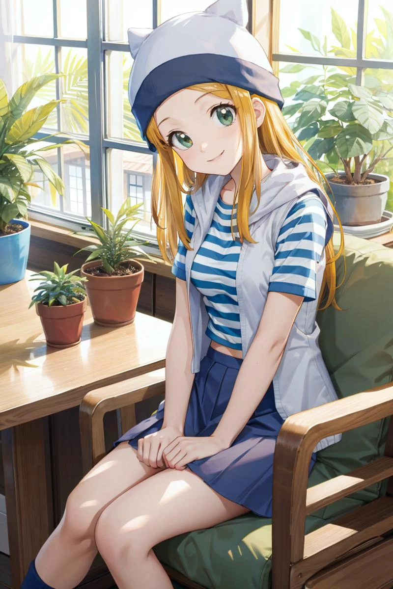 <lora:Izumi:0.9> orimotoizumi, 1girl, beanie, striped shirt, vest, skirt, short sleeves
sitting down , cute , smile
at home , winter garden , comfortable chair , potted plants , windows , sunrays
(best quality, masterpiece:1.2),