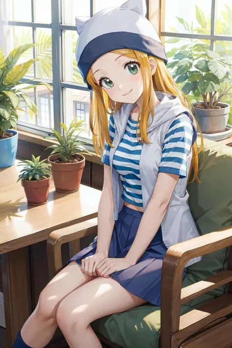 <lora:Izumi:0.9> orimotoizumi, 1girl, beanie, striped shirt, vest, skirt, short sleeves
sitting down , cute , smile  
 at home , winter garden , comfortable chair , potted plants , windows , sunrays
(best quality, masterpiece:1.2),