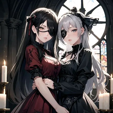 masterpiece, high resolution, detailed, masterpiece, (beautiful background, detailed background), top quality, 8k, (detailed and structured pattern), Korean wave, in the dark, in a compositing inspired style , raw, edgy, Fashionable, (2 girls, multiple girls, :1.5),yo, <lora:AS_fantsyMIX73A:1>, (Skinny: 1.2), Silver hair,GothGal, a woman in a black and white and red dress,ribbon,lace,goth print , (eyepatch),woman wearing a GothGal outfit Looking at camera, Detailed background, Detailed face, party,church, sunbeam,candle light, natural gradation,cathedral stained glass, backlit,gothic atmosphere
Contrast, mysterious atmosphere, (lips, realistic:1.1) ,<lora:tareme_gen2:-0.7>, (stinky eyes:0.5), <lora:eye_opening_v2.0:0.3>, fantasy, (full body,:0.7), <lora:edgGothGal_MINI:1>