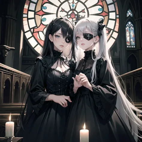 masterpiece, high resolution, detailed, masterpiece, (beautiful background, detailed background), top quality, 8k, (detailed and structured pattern), Korean wave, in the dark, in a compositing inspired style , raw, edgy, Fashionable, (2 girls, multiple girls, :1.5),yo, <lora:AS_fantsyMIX73A:1>, (Skinny: 1.2), Silver hair,GothGal, a woman in a black and white and red dress,ribbon,lace,goth print , (eyepatch),woman wearing a GothGal outfit Looking at camera, Detailed background, Detailed face, party,church, sunbeam,candle light, natural gradation,cathedral stained glass, backlit,gothic atmosphere
Contrast, mysterious atmosphere, (lips, realistic:1.1) ,<lora:tareme_gen2:-0.7>, (stinky eyes:0.5), <lora:eye_opening_v2.0:0.3>, fantasy, (full body,:0.7), <lora:edgGothGal_MINI:1>