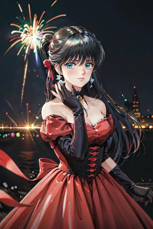 (masterpiece), best quality, expressive eyes, perfect face, perfect hand, dynamic pose, dynamic light, ray of light, detailed picture, high resolution, award winning portrait photography, national geographic portrait photography styled,
<lora:ayukawa_madoka_v2>, (ayukawa madoka), kimagure orange road, Orange Road, Madoka, Ayukawa,
<lora:AcrossBed>, pov across bed,
1girl, solo, black hair, (very long hair:1.1), aqua eye, (charming eyes),
close-up, smile, happy,
aurora, bangs, bare_shoulders, black_background, black_gloves, blush, bow, breasts, city_lights, constellation, dark_background, dress, earrings, earth_(planet), evening_gown, fireworks, galaxy, gloves, hair_between_eyes, hair_bow, hand_on_own_arm, jewelry, light_particles, looking_at_viewer, medium_breasts, milky_way, night, night_sky, off_shoulder, planet, ponytail, red_bow, red_dress, shooting_star, sidelocks, sky, snowing, solo, space, star_(sky), starry_background, starry_sky, starry_sky_print, upper_body,