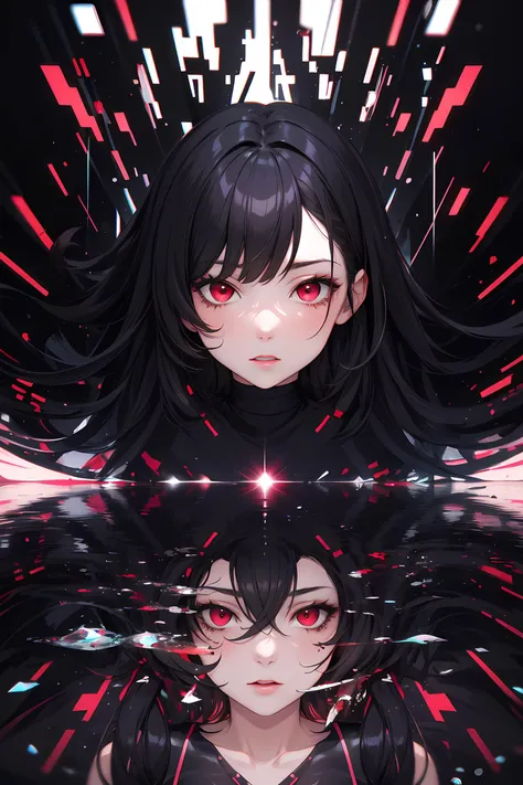 glitch art of 1girl, long hair, black hair, red eyes . distorted, digital, vibrant, abstract, modern,refined