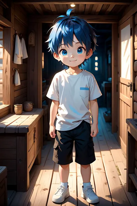 <lora:cutifiedanimecharacterdesign_variant_type_A_SDXL_v10:0.7>
one boy standing alone in a wooden village,  eyes are blue,  hair is short, wearing a white t-shirt and black box pants,
full body, looking at viewer, smile,
The soft lighting and detailed surroundings create an immersive environment where imagination runs wild,
hyper-detailed, high quality visuals, dim Lighting, ultra-realistic, sharply focused, octane render, 8k UHD