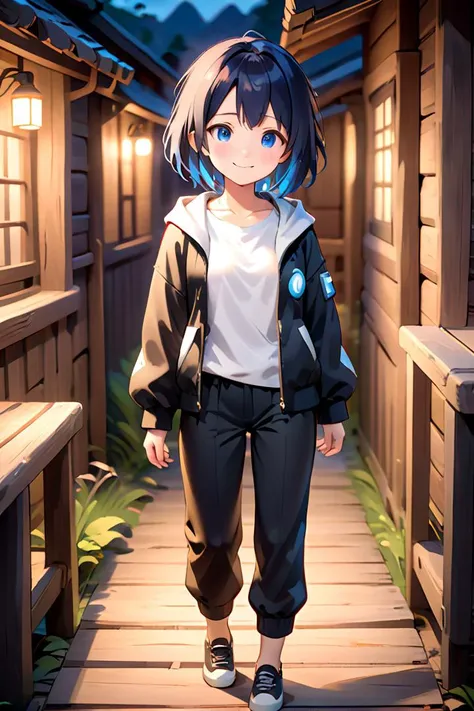 <lora:cutifiedanimecharacterdesign_variant_type_A_SDXL_v10:0.7>
one girl standing alone in a wooden village,  eyes are blue,  hair is short, wearing a white long t-shirt and black wide  pants, flat chest, jacket
full body, looking at viewer, smile,
The soft lighting and detailed surroundings create an immersive environment where imagination runs wild,
hyper-detailed, high quality visuals, dim Lighting, ultra-realistic, sharply focused, octane render, 8k UHD