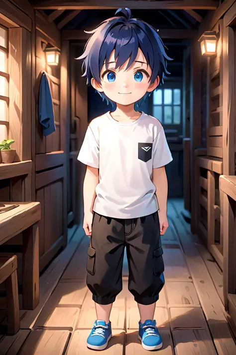 <lora:cutifiedanimecharacterdesign_variant_type_A_SDXL_v10:0.7>
one boy standing alone in a wooden village,  eyes are blue,  hair is short, wearing a white t-shirt and black box pants,
full body, looking at viewer, smile,
The soft lighting and detailed surroundings create an immersive environment where imagination runs wild,
hyper-detailed, high quality visuals, dim Lighting, ultra-realistic, sharply focused, octane render, 8k UHD