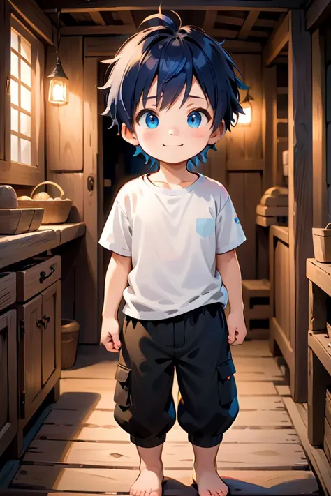 <lora:cutifiedanimecharacterdesign_variant_type_A_SDXL_v10:0.7>
one boy standing alone in a wooden village,  eyes are blue,  hair is short, wearing a white t-shirt and black box pants,
full body, looking at viewer, smile,
The soft lighting and detailed surroundings create an immersive environment where imagination runs wild,
hyper-detailed, high quality visuals, dim Lighting, ultra-realistic, sharply focused, octane render, 8k UHD