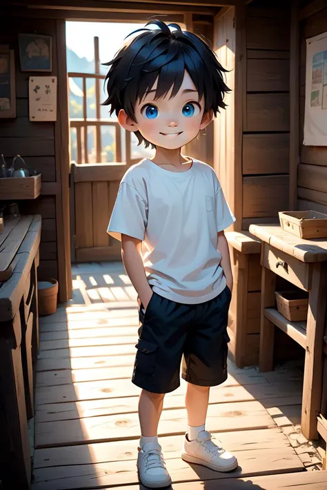 <lora:cutifiedanimecharacterdesign_variant_type_A_SDXL_v10:0.7>
one boy standing alone in a wooden village,  eyes are blue,  hair is short, wearing a white t-shirt and black box pants,
full body, looking at viewer, smile,
The soft lighting and detailed surroundings create an immersive environment where imagination runs wild,
hyper-detailed, high quality visuals, dim Lighting, ultra-realistic, sharply focused, octane render, 8k UHD