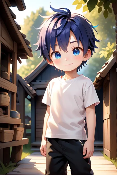 <lora:cutifiedanimecharacterdesign_variant_type_A_SDXL_v10:0.7>
one boy standing alone in a wooden village, his eyes and hair are blue, his hair is short, he is wearing a white t-shirt and black box pants,
full body, looking at viewer, smile,
The soft lighting and detailed surroundings create an immersive environment where imagination runs wild,
hyper-detailed, high quality visuals, dim Lighting, ultra-realistic, sharply focused, octane render, 8k UHD