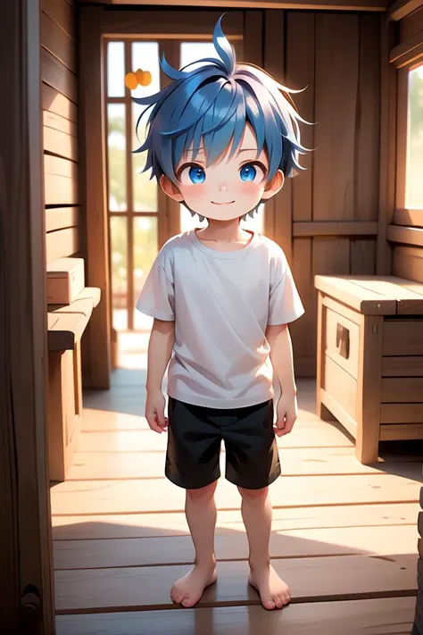 <lora:cutifiedanimecharacterdesign_variant_type_A_SDXL_v10:0.7>
one boy standing alone in a wooden village, his eyes and hair are blue, his hair is short, he is wearing a white t-shirt and black box pants,
full body, looking at viewer, smile,
The soft lighting and detailed surroundings create an immersive environment where imagination runs wild,
hyper-detailed, high quality visuals, dim Lighting, ultra-realistic, sharply focused, octane render, 8k UHD